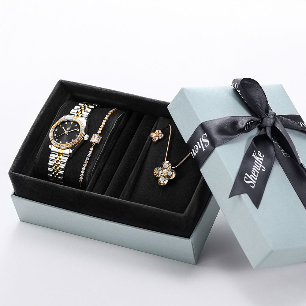 SHENGKE SK Luxurious Golden Wristwatch Jewelry Watches Gift Set