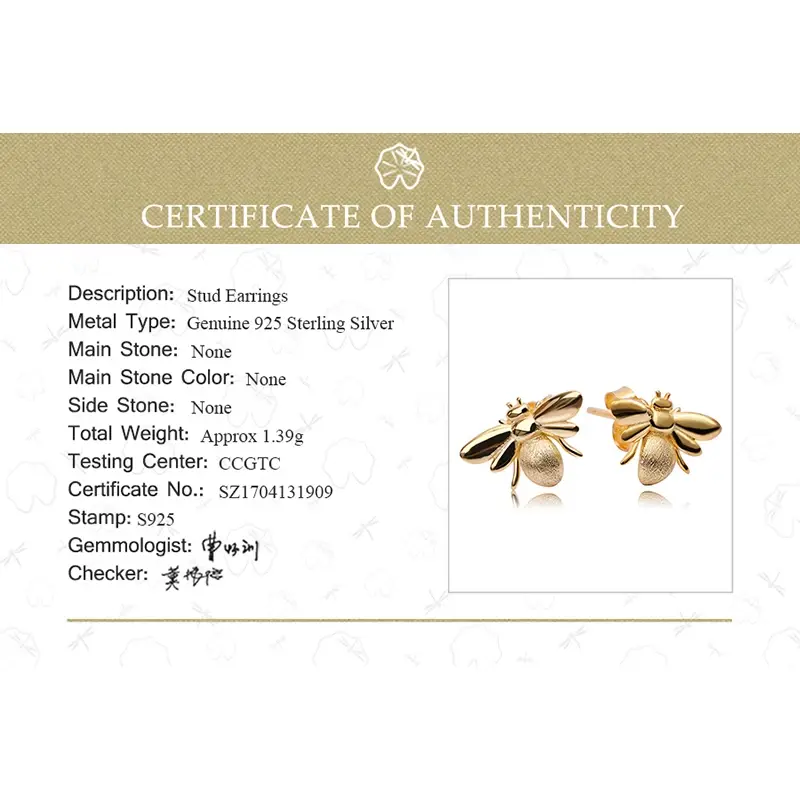Thumbnail: Lotus Fun Real 925 Sterling Silver Bee Earrings Natural Designer Fine 18K Gold