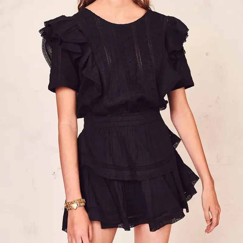 Thumbnail: BOHO INSPIRED Black Mini Dress Party Cotton Ruffled Short Sleeve T