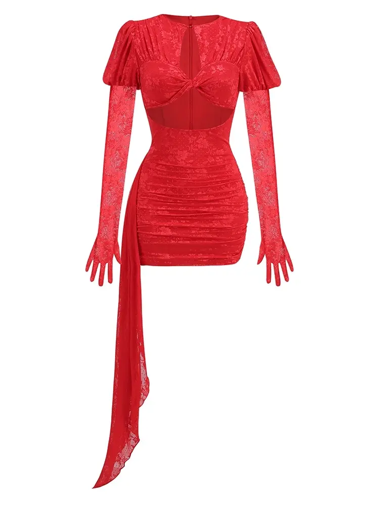 Thumbnail: New Sexy Gloves Long Sleeves Cutout Pleated Draped Mini Dress Wo