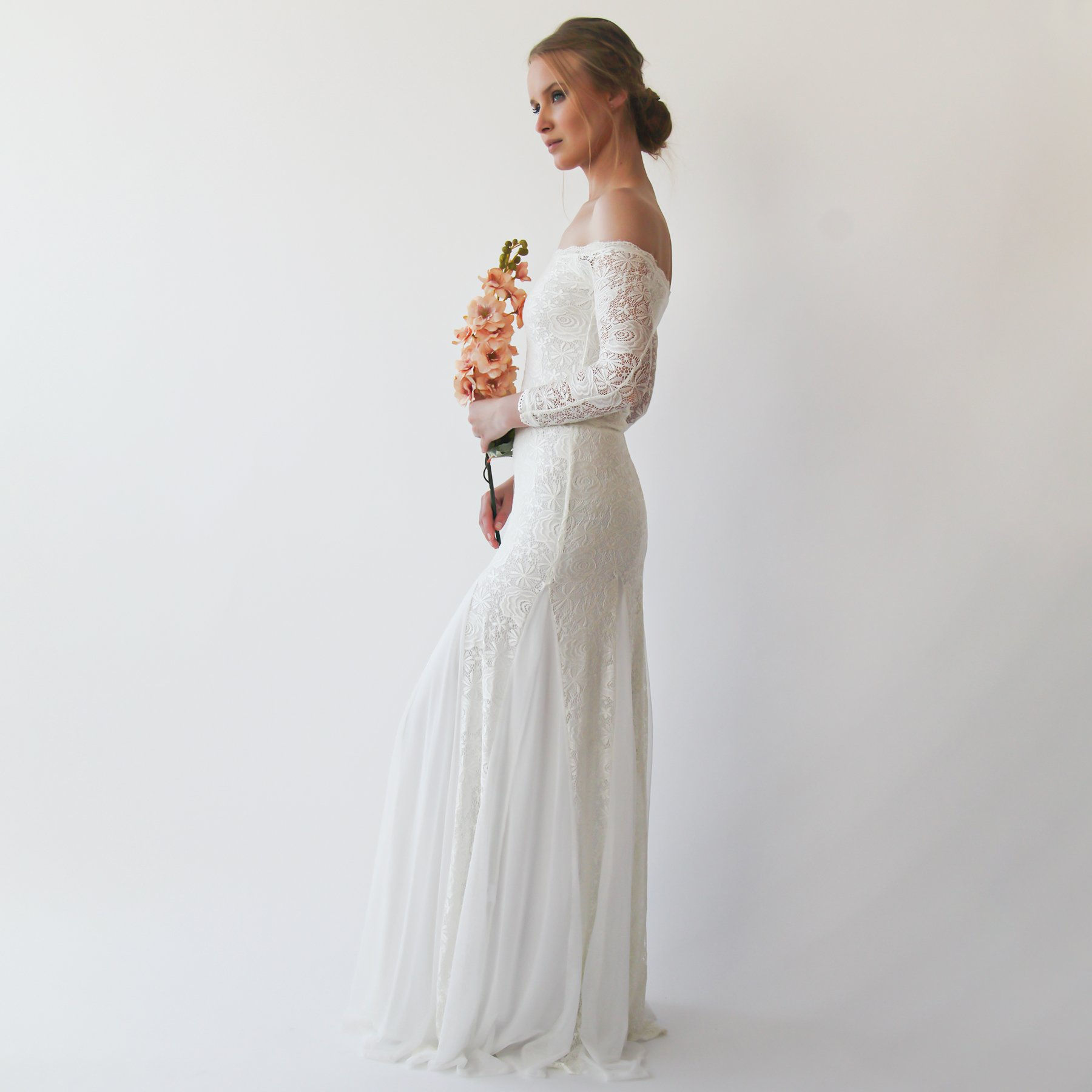 Ivory Off Shoulder Wedding Maxi Dress #1228