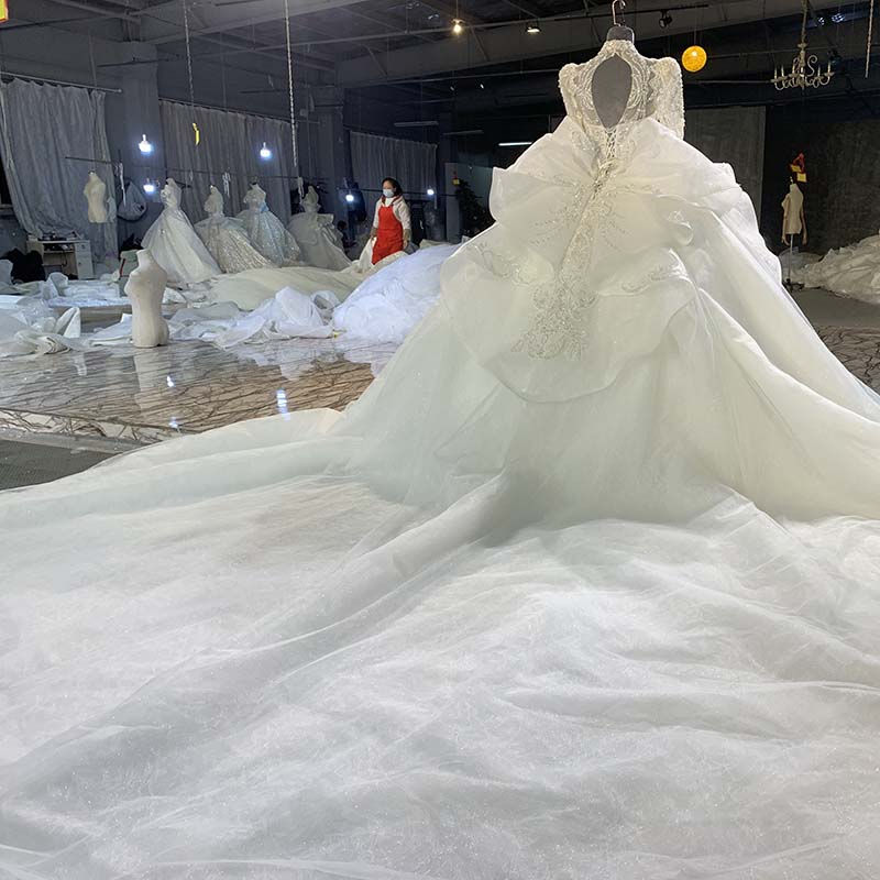 Thumbnail: Elegant High Neck Full Sleeve Applique Crystals Wedding Dresses