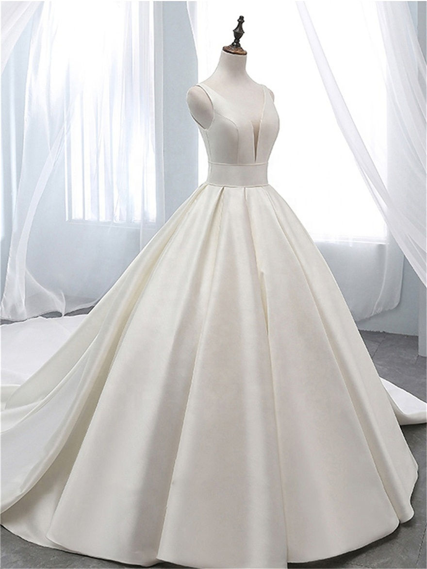Thumbnail: Custom Made V-Neck Sleeveless Ball Gown Wedding Dress Simple S