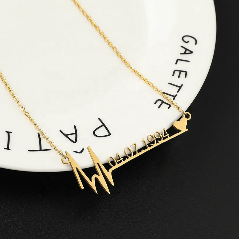 Thumbnail: Stainless Steel Heartbeat Necklace Personalized Custom Birth Date F