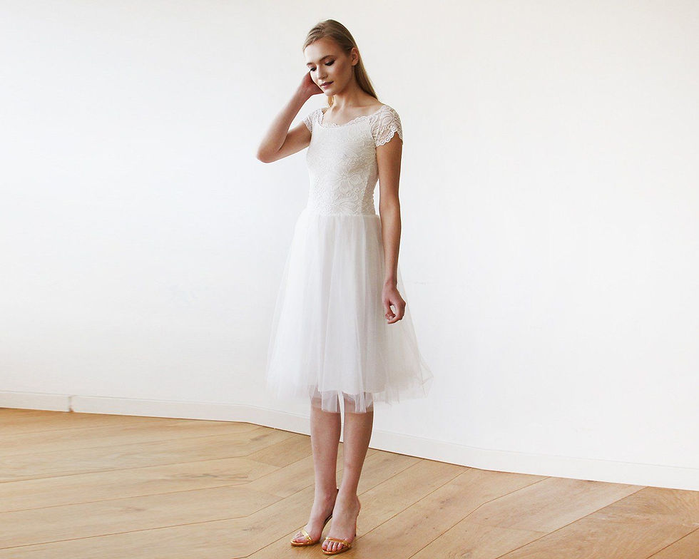 Thumbnail: Short Wedding Dress ,Ivory Off-The-Shoulders Midi  Dress #1153