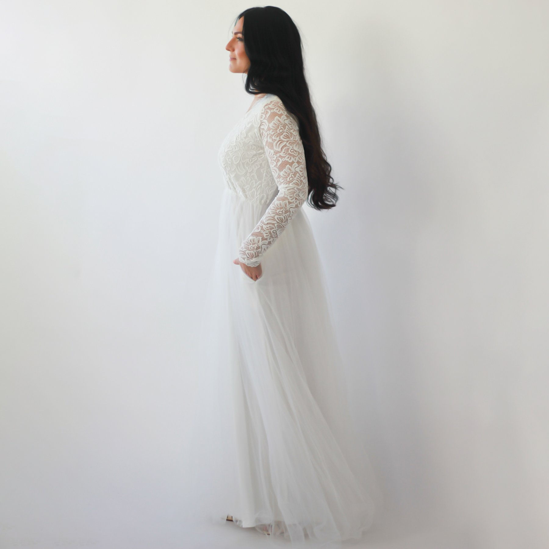 Ivory Lace Long Sleeves Wedding Dress With Pockets  #1266