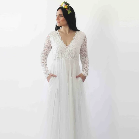 Thumbnail: Ivory Lace Long Sleeves Wedding Dress With Pockets  #1266