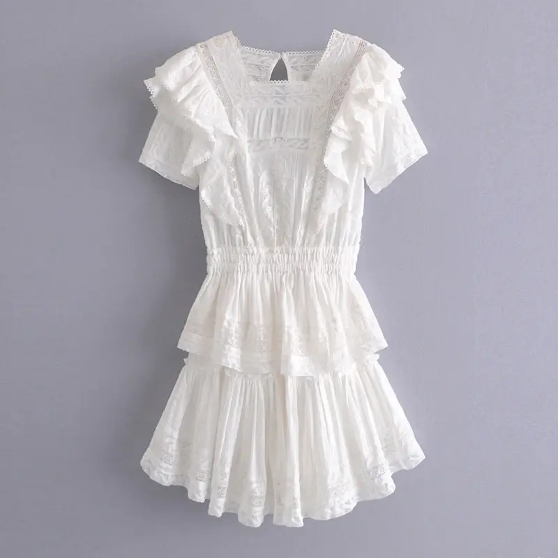 Thumbnail: TEELYNN Butterfly Lace Mini Tiered Dress for Womem Vintage White