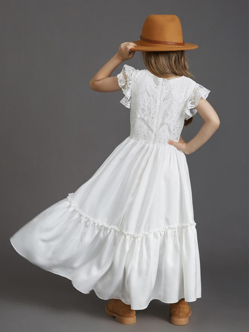 Thumbnail: Princess Girls Lace Cotton Long Dresses Baby Kids Flower Girl Weddi
