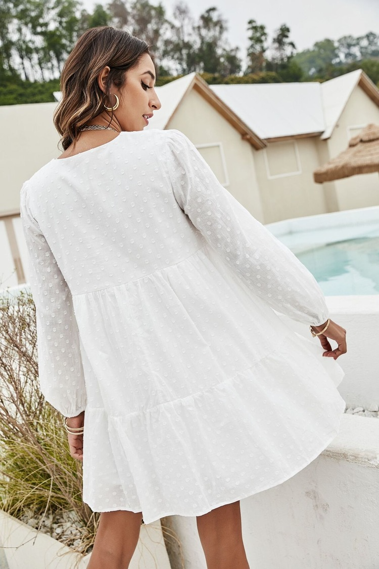 Thumbnail: Autumn White Chiffon Dress v Neck Button Lace Splice Mini Ruffle Dr