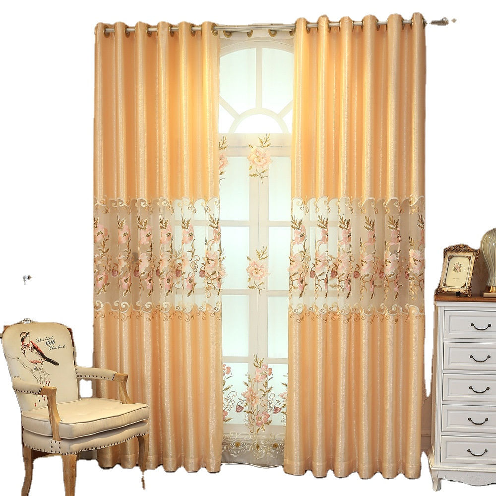 American Style 3d Printed Yellow Satin Lace Floral Embroid Living Room Curtain