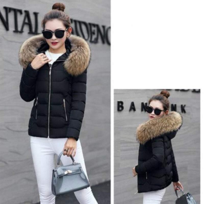 Thumbnail: Winter Coat Women Slim Tops Fur Collar Hooded Winter Jackets Warm