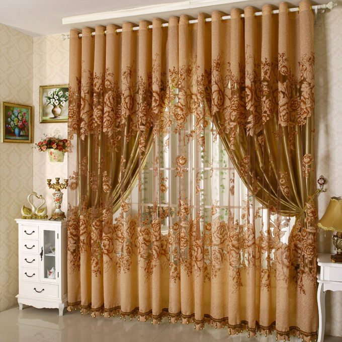 Thumbnail: American Styles Rod Pocket Top Rose Embroidery Floral Room Curtain Bedding Set