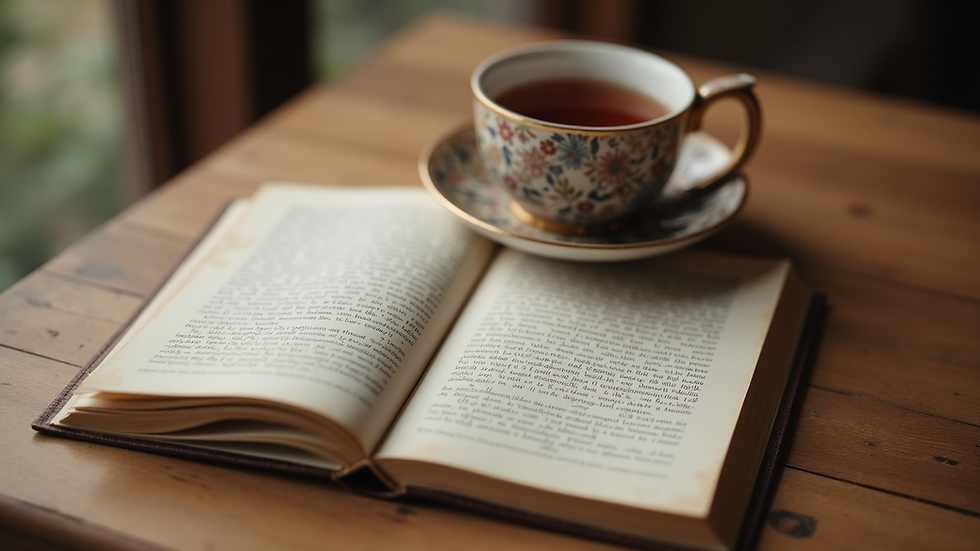 Eye-level view of a wooden table with an open philosophy book and a cup of tea