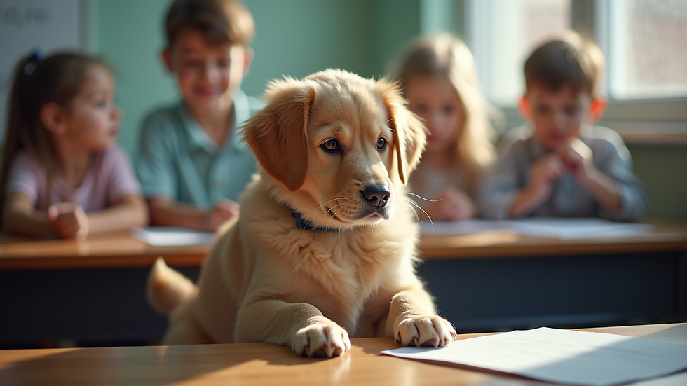 Eye-level view of a therapy dog interacting with children in a classroom setting