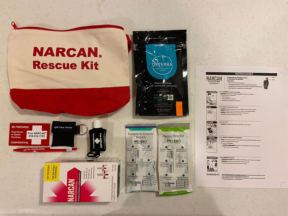 Contents of each Prevention Kit (2 Narcan Devices, 1 Deterra Drug Deactivation Bag, 1 Fentanyl/Xylazine Test kit, 1 Benzo Test kit, 1 CPR Face Shield, along with miscellaneous items and info)