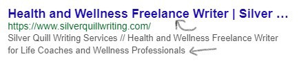 Google Search Result: Meta Title: Health and Wellness Freelance Writer, Silver Quill Writing Services, Meta Description: Health and Wellness Freelance Writer for Life Coaches and Wellness Professionals