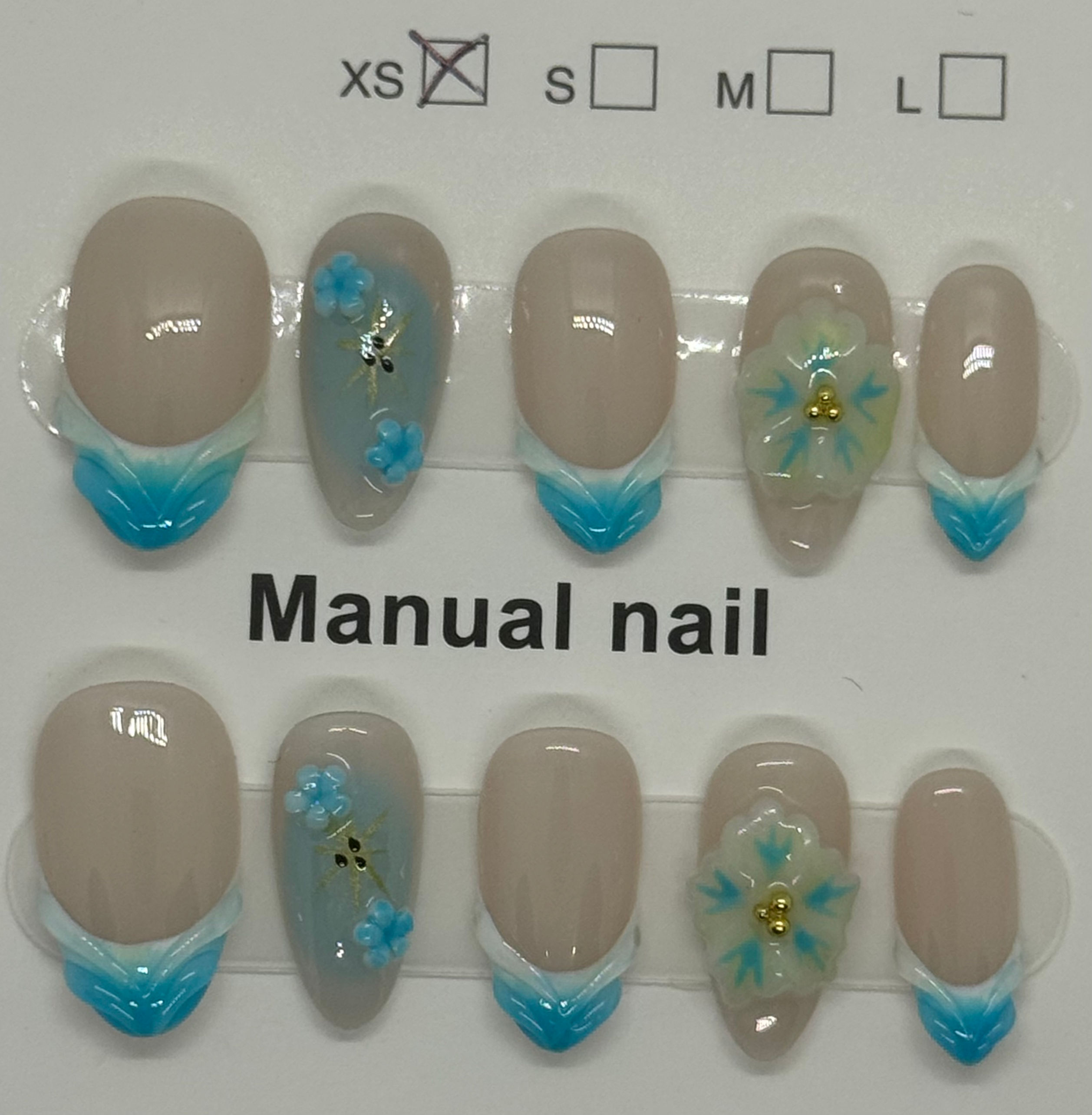 XS short almond blue with flowers