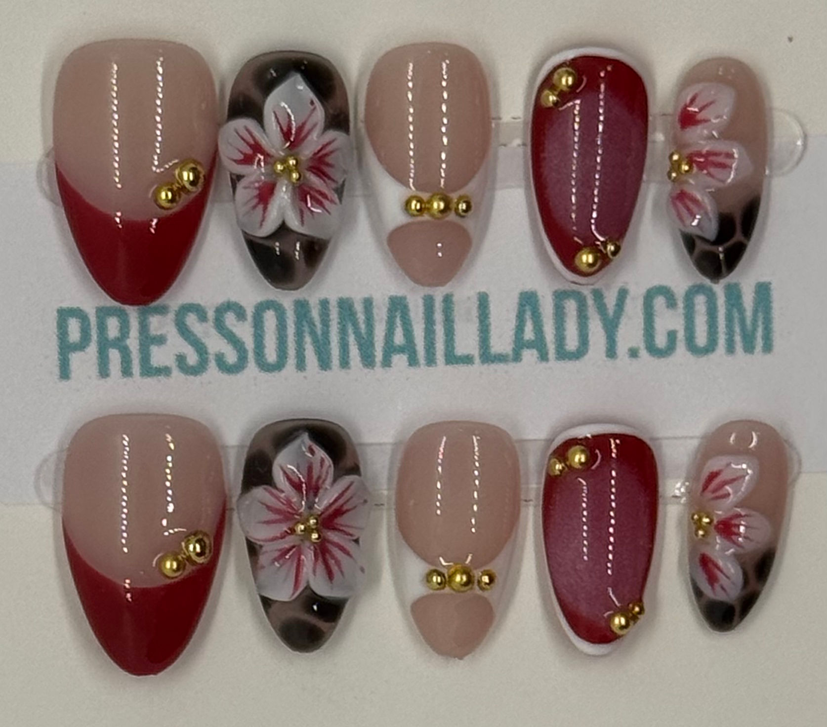 Small short almond red French with flowers 