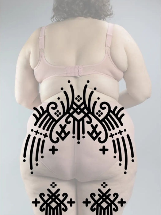 Symmetrisches schwarzes Ornament-Tattoo auf dem unteren Rücken.