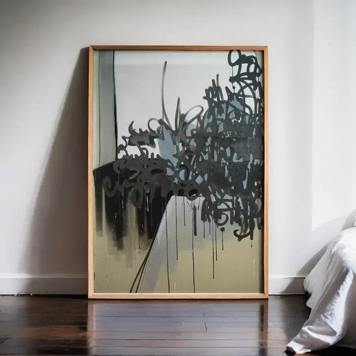 Gerahmtes abstraktes Bild mit schwarzen und grauen Linien, hellblauen Flächen und Tropfspuren. Es lehnt an einer weißen Wand neben einem Bett.