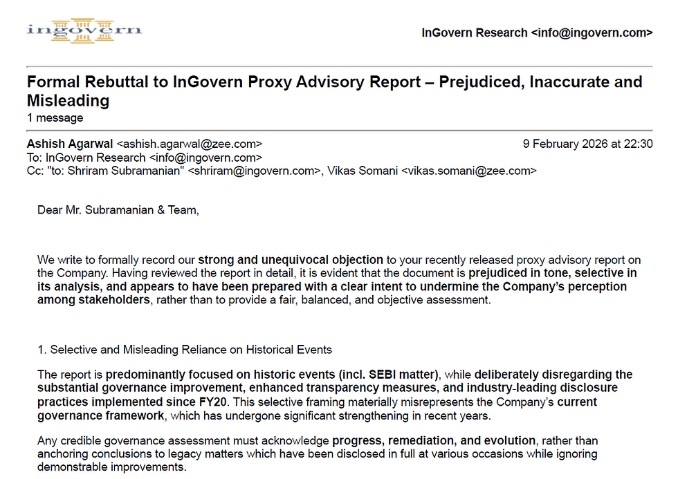 ZEE ENTERTAINMENT ENTERPRISES LTD's reply to InGovern Report