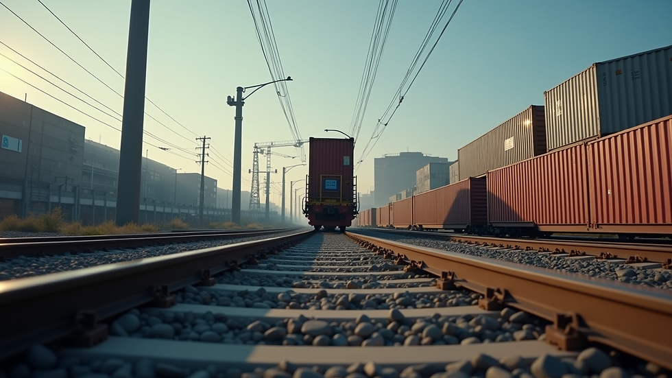 Eye-level view of a freight train carrying shipping containers through an industrial area