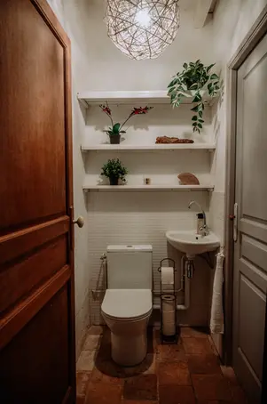 Toilet in Sorel-kamer met wastafel, wandplanken en hanglamp
