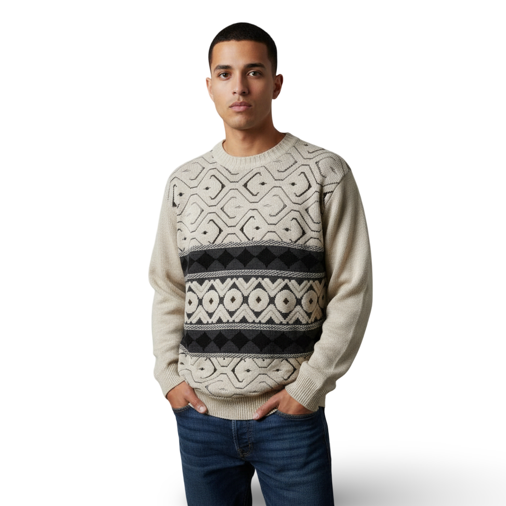 Sweater VNTG beige con diseño geométrico en contraste
