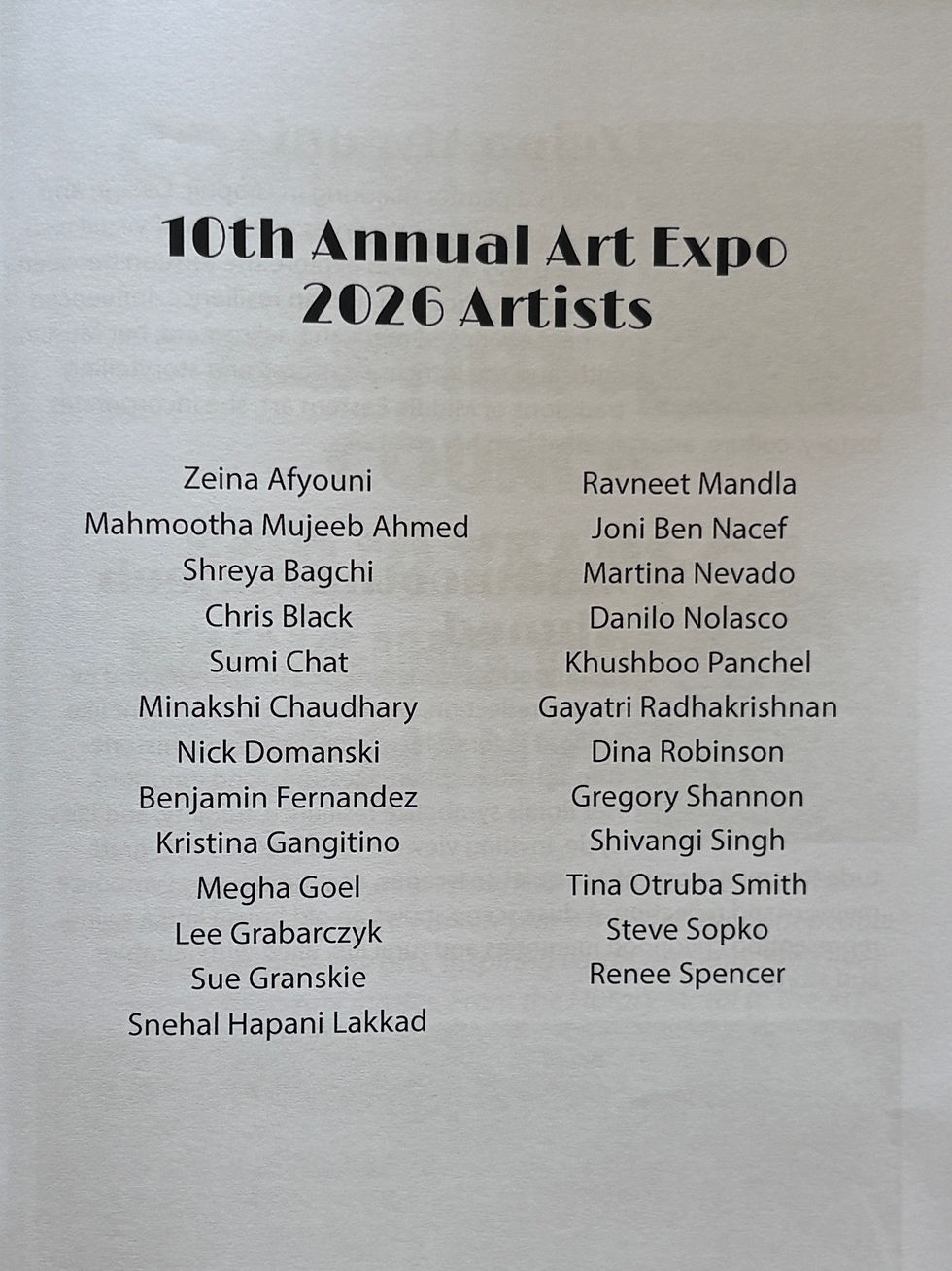 The list of the 25 exhibiting artists in the pamphlet