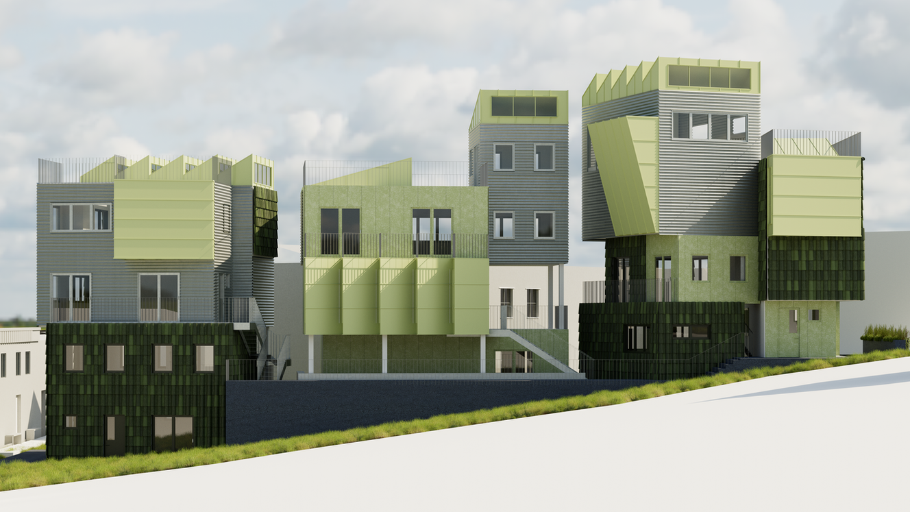 Gluten How do we House, left elevation Render of Multi-unit housing project.
