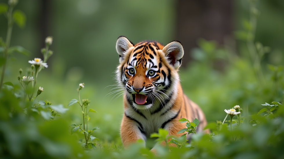 Eye-level view of a playful tiger cub exploring its surroundings