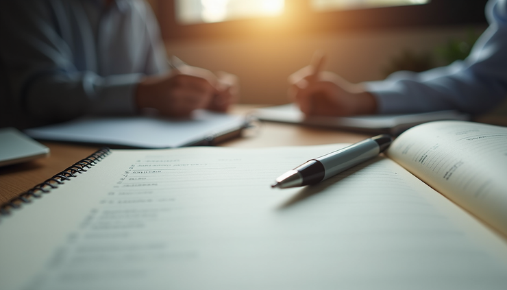 Eye-level view of a notary journal open with a pen resting on it