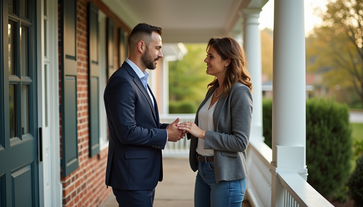 Eye-level view of a mobile notary meeting a client at a home porch