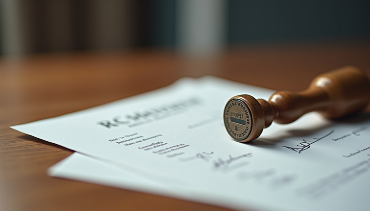 Close-up view of a notary stamp and a signed document on a wooden desk