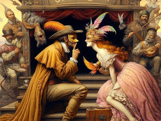 Masquerade couple in colorful masks, man gestures for silence. "Secret Lover" sign above, musicians in background, playful scene.