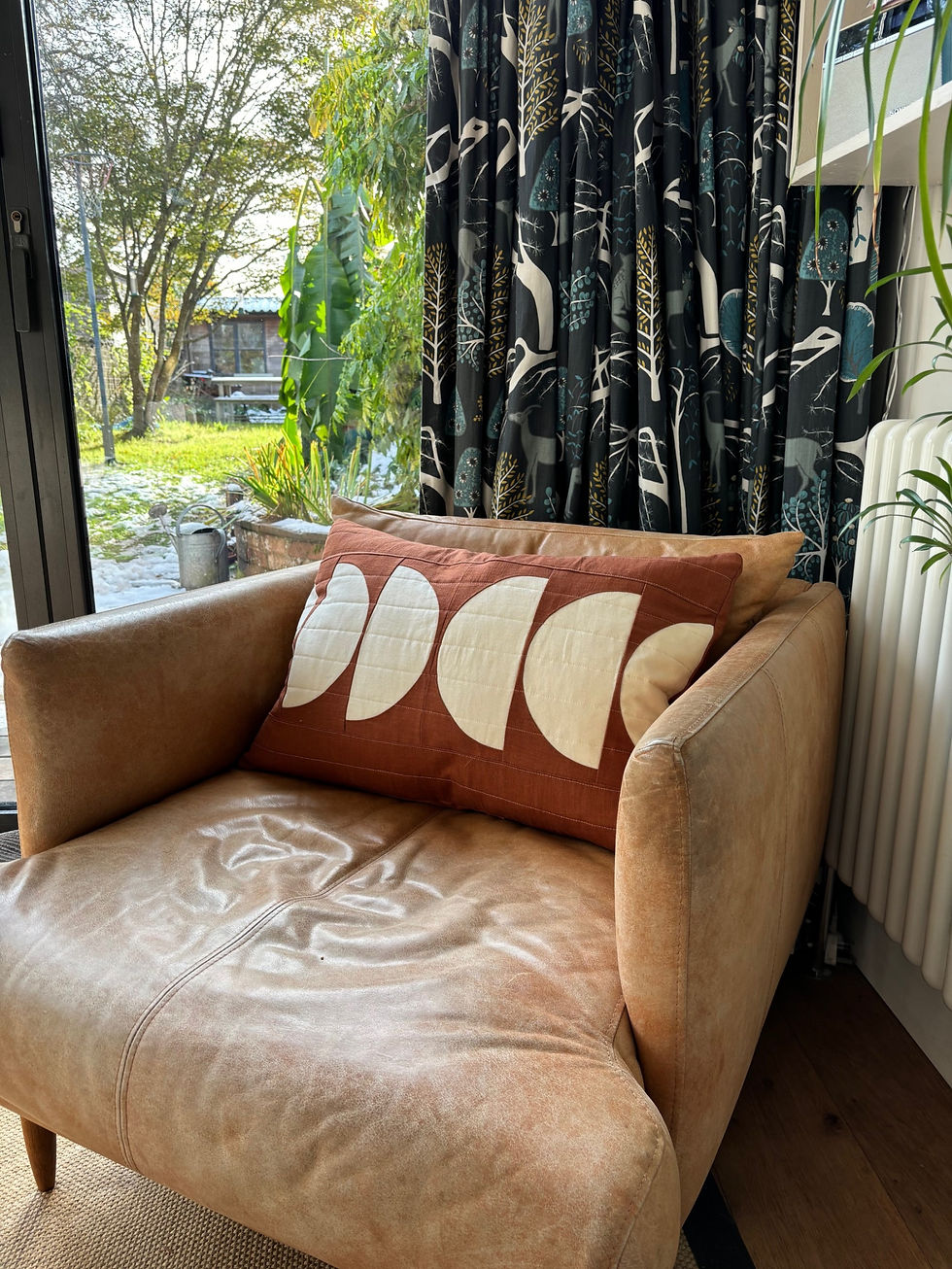 Thumbnail: Wax & Wane quilted linen cushion in rust & ivory