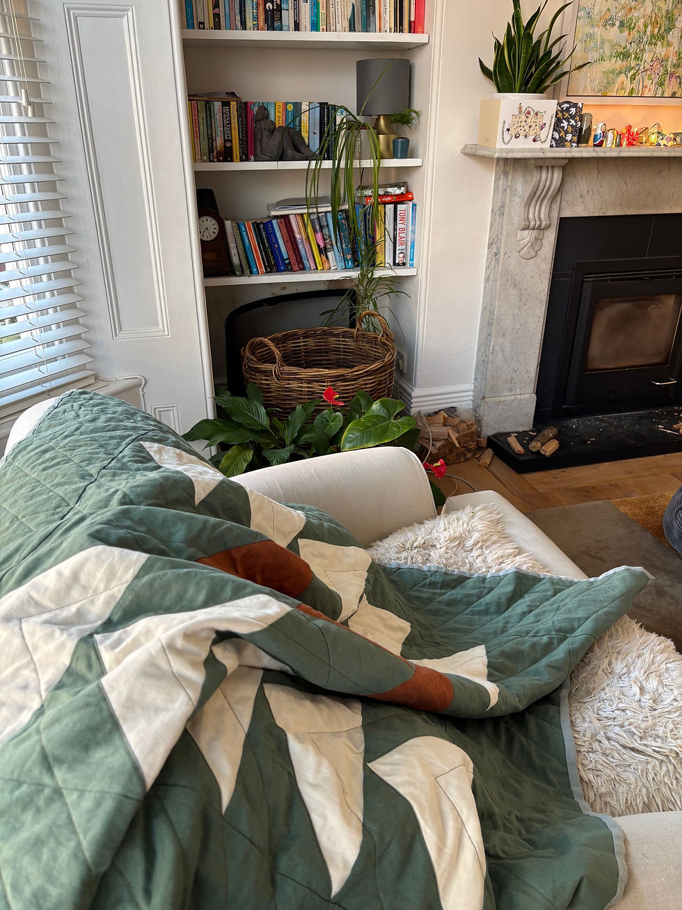 Thumbnail: Flow sage linen throw quilt with seafoam green backing