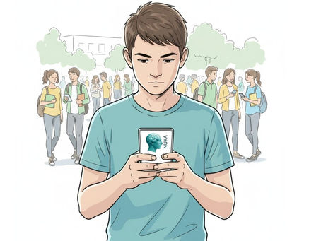 Jugendlicher im Vordergrund hält sein Smartphione mit der App NUKA in der Hand, Getümmel des Schulhofes im Hintergrund