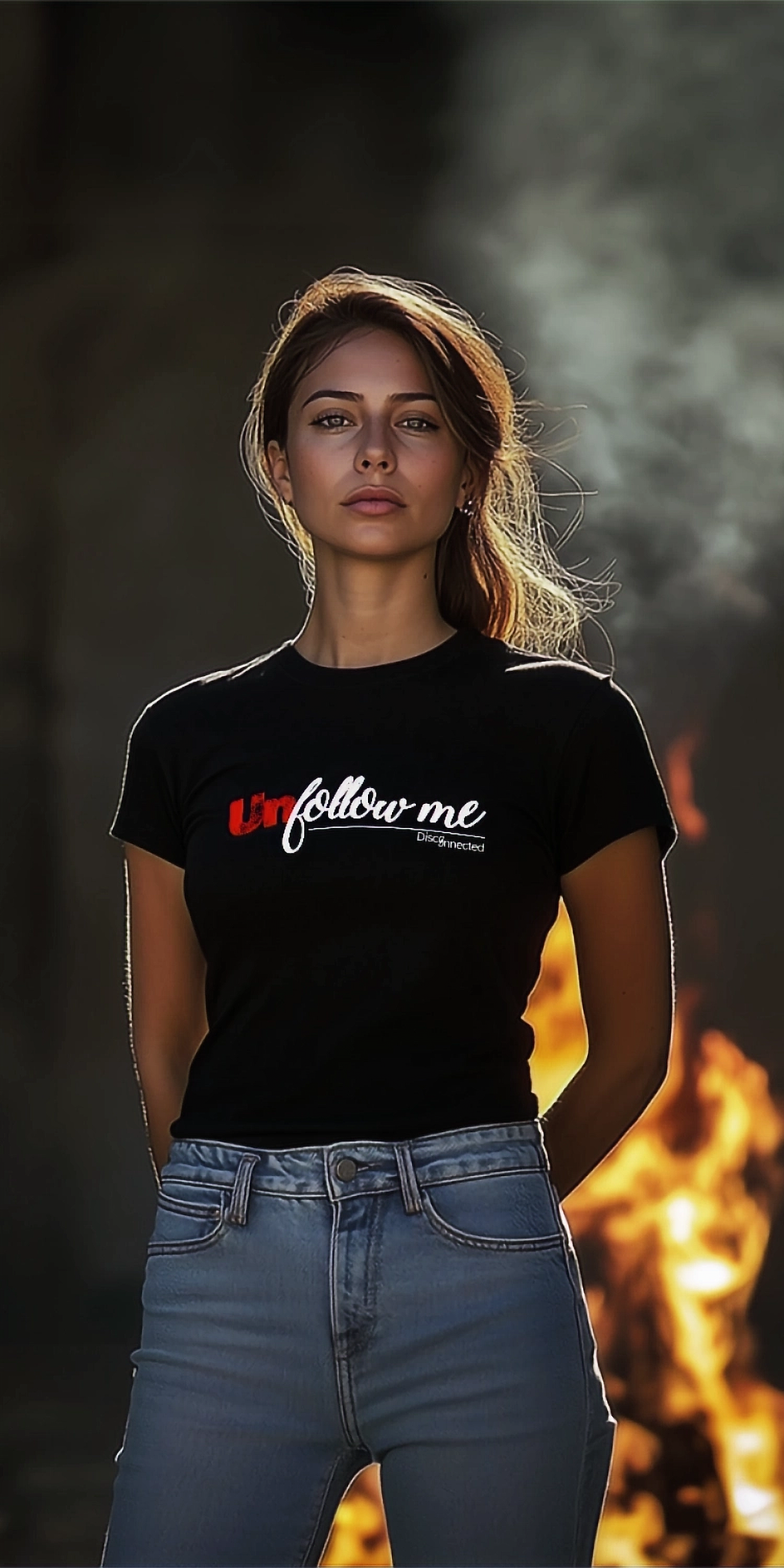 A female model wearing the unfollow me tshirt from the Disc0nnected Rebels collection