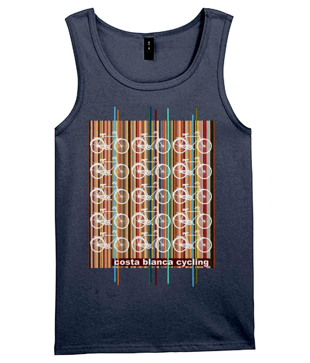 Tank top with 15 white bikes on a multicoloured lined background