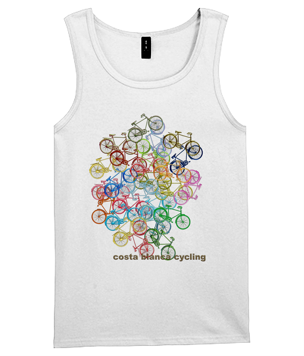 Thumbnail: Tank Top with an artistic mess of multicoloured bikes and Costa Blanca cycling text