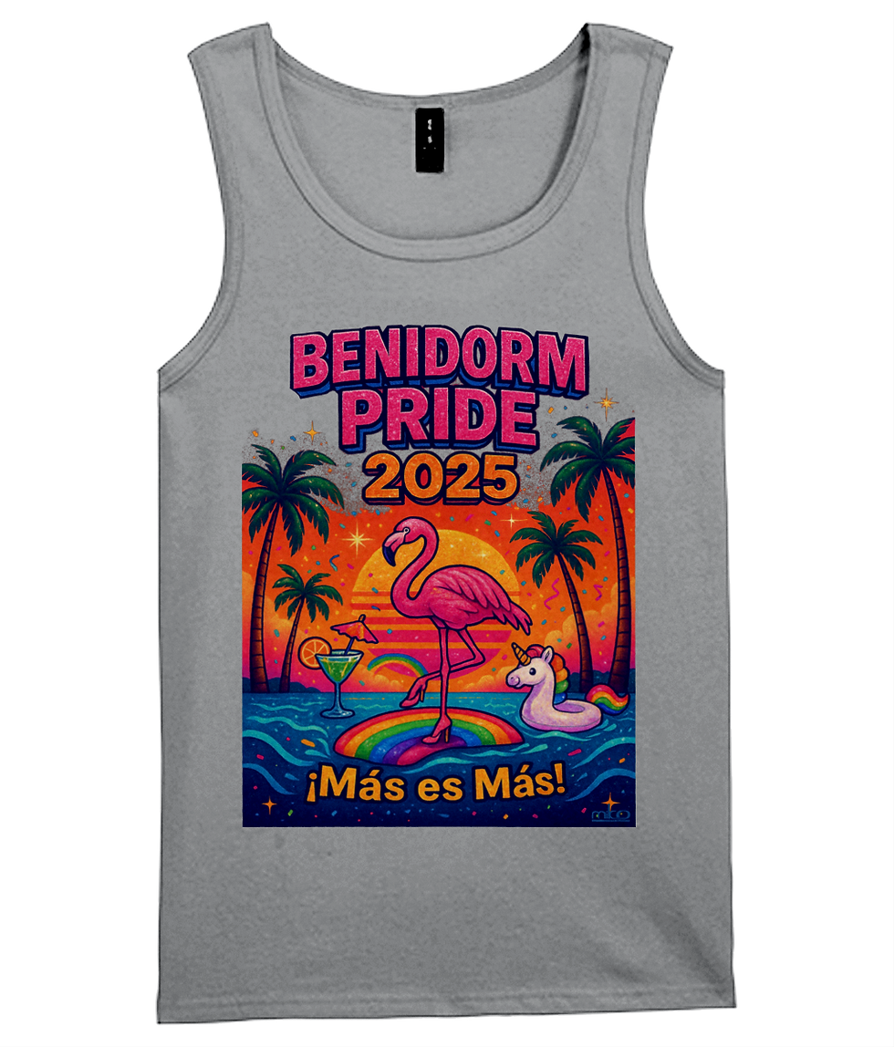 Thumbnail: Benidorm pride 2025 tank top in bright colours and text mas es mas!