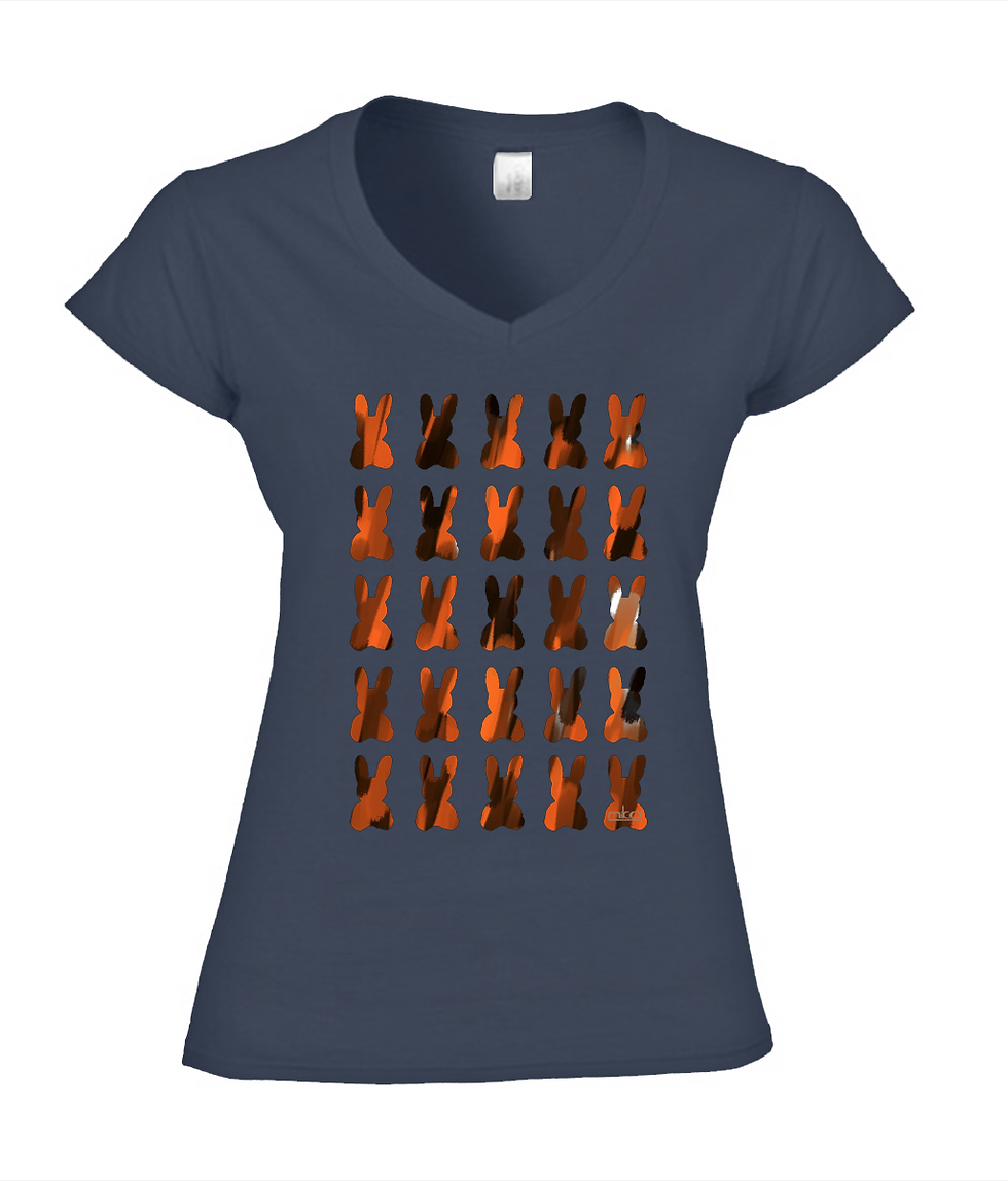 Miniatura: Multi Bunnies Orange Miko Fitted V-Neck T-Shirt 