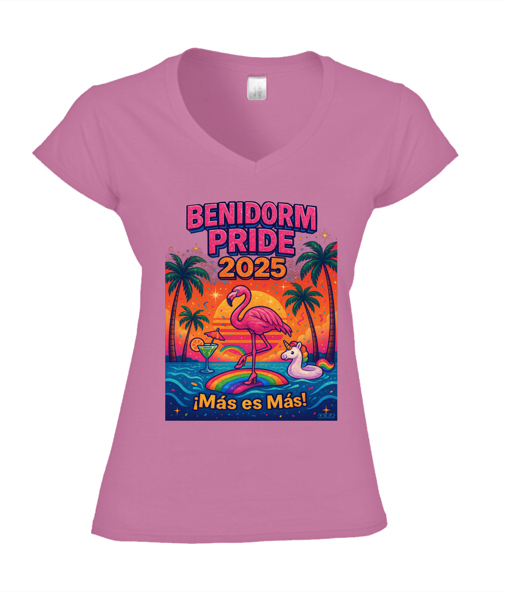 Fitted Benidorm Pride 2025 t-shirt with bright colours and text mas es mas