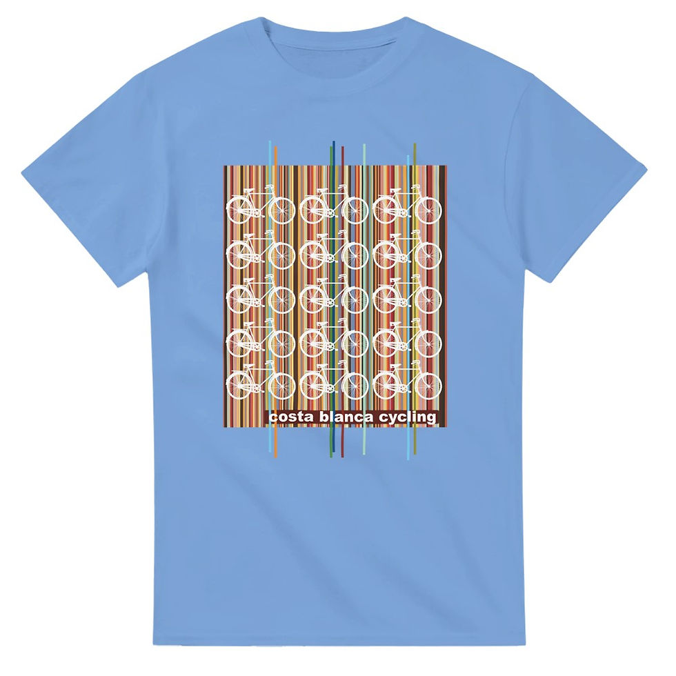 Thumbnail: Classic t-shirt with the image of 15 white bikes in front of a striped multicolour lines with the text Costa Blanca cycling