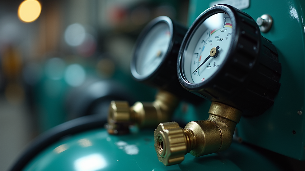 Close-up view of an air compressor with visible gauges and hoses