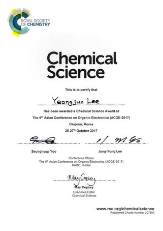 이영준 박사 The Asian Conference on Organic Electronics, Chemical Science Award 수상