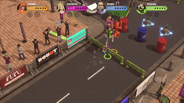 Cartoon characters in colorful outfits race on a city street, jumping barriers. Spectators cheer. Text displays player names and scores. Vibrant scene.