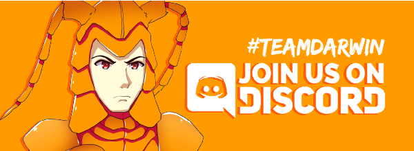 contestant dressed as lobster on an orange background. text says #teamdarwin and join our discord